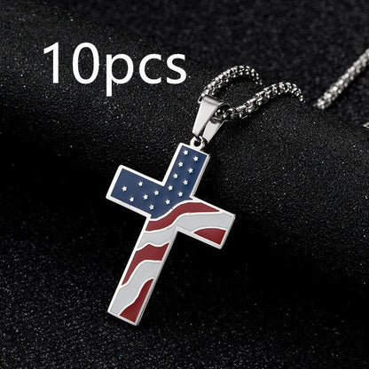 Men's stainless steel flag cross necklace in Black, Gold, and Silver options