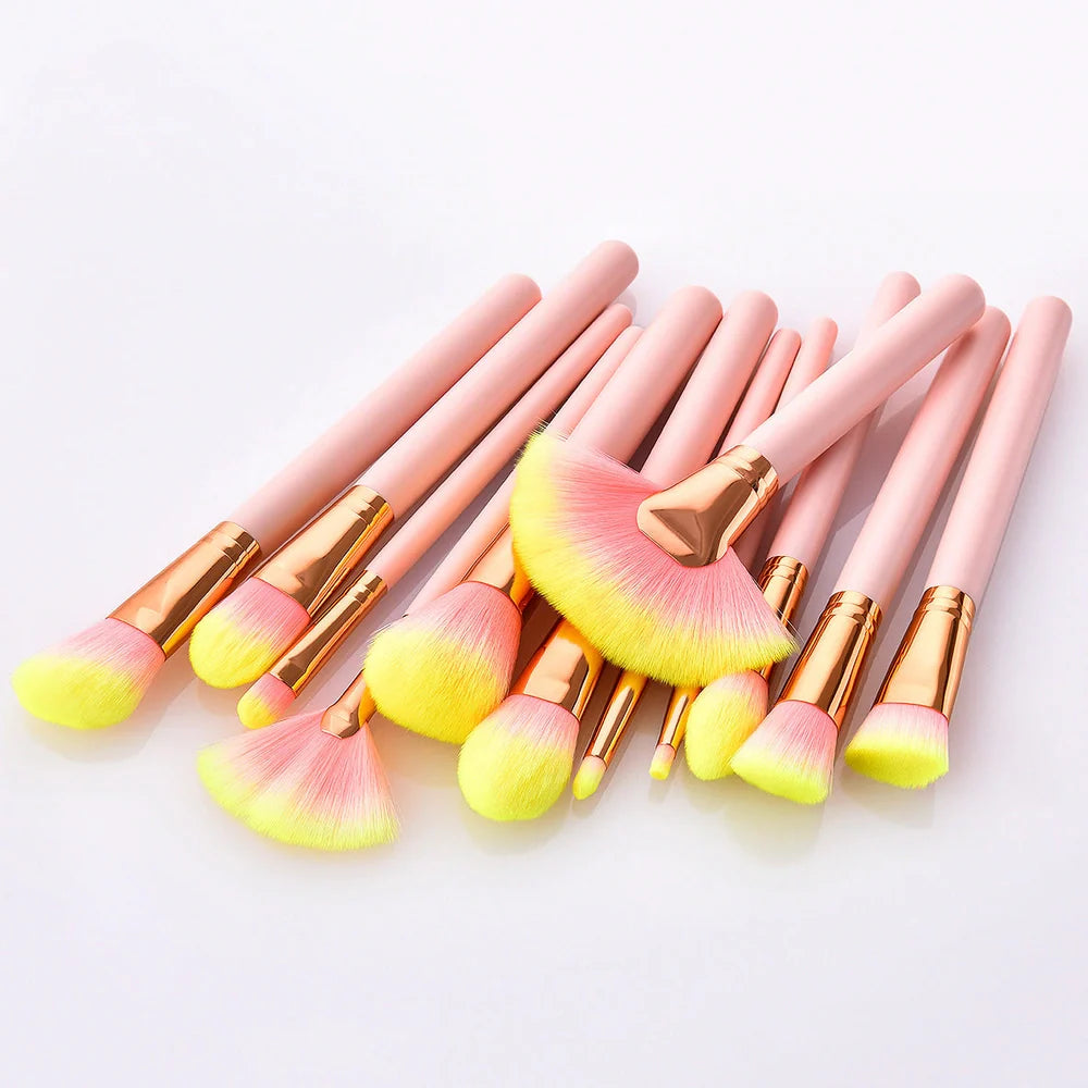 12-piece makeup brush set with pink wooden handles showing 10 different brush types for complete application