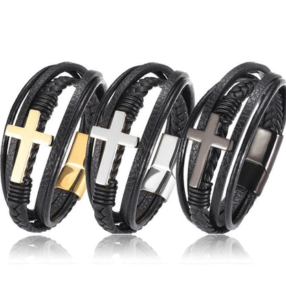 Multi-layer braided stainless steel cross men's bracelet in various finishes