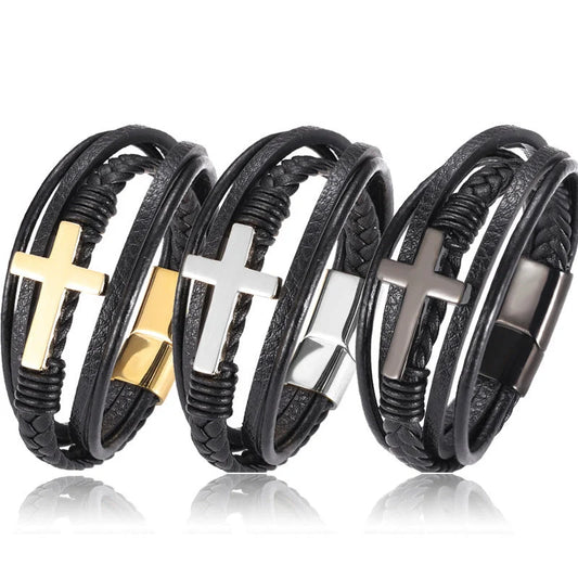 Multi-layer braided stainless steel cross men's bracelet in various finishes