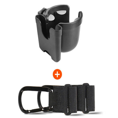Universal baby stroller cup holder with phone pocket attached to a stroller