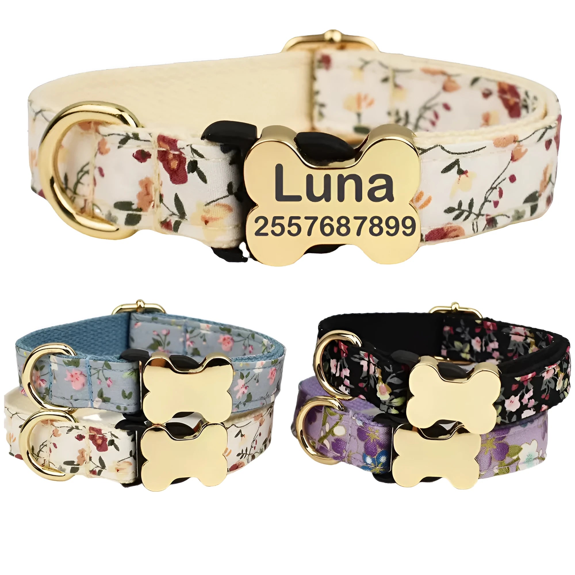 Flat nylon dog collar with a printed grid pattern and a bone-shaped buckle in multiple colour options.
