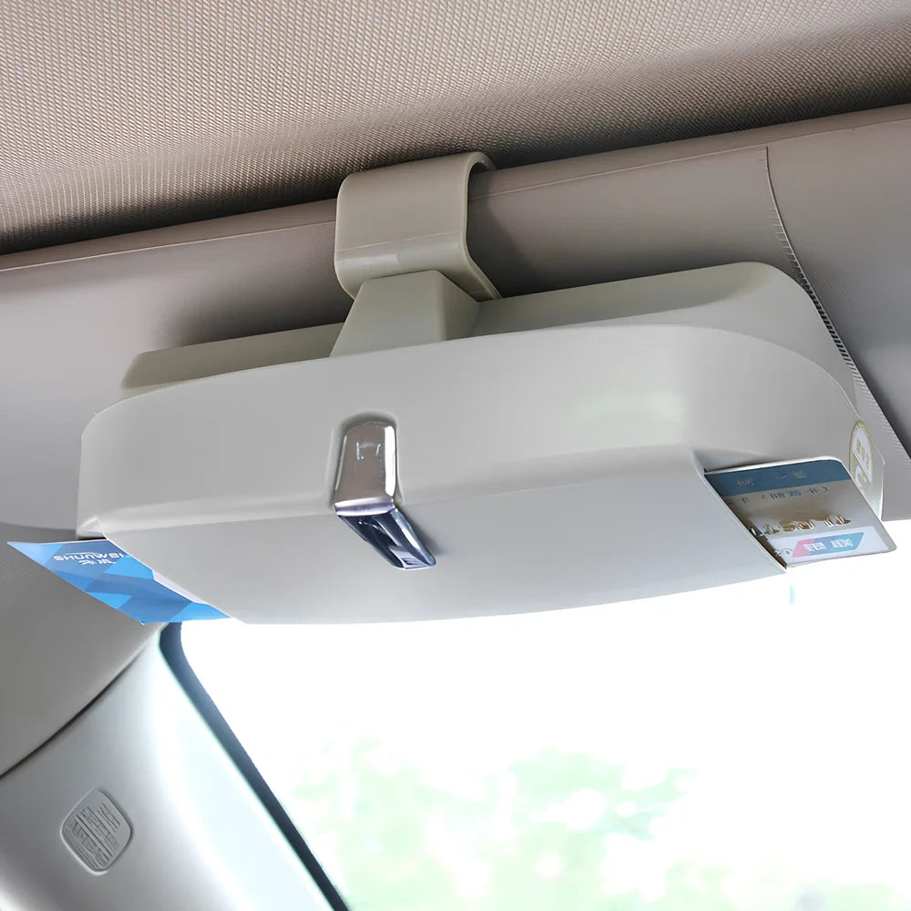 Beige car visor glasses clip, 170mm silver coated steel with electrostatic film, secures sunglasses on sun visor