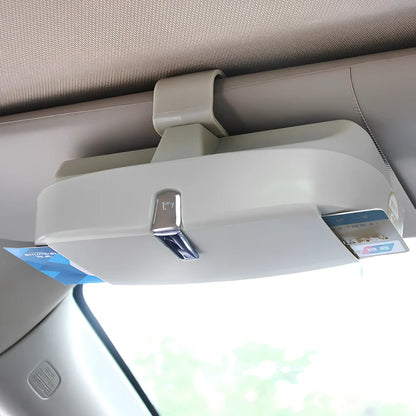 Beige car visor glasses clip, 170mm silver coated steel with electrostatic film, secures sunglasses on sun visor