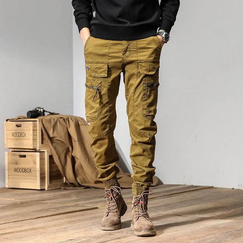 Japanese style cotton overalls for men, mid-waist straight leg, Army Green colour