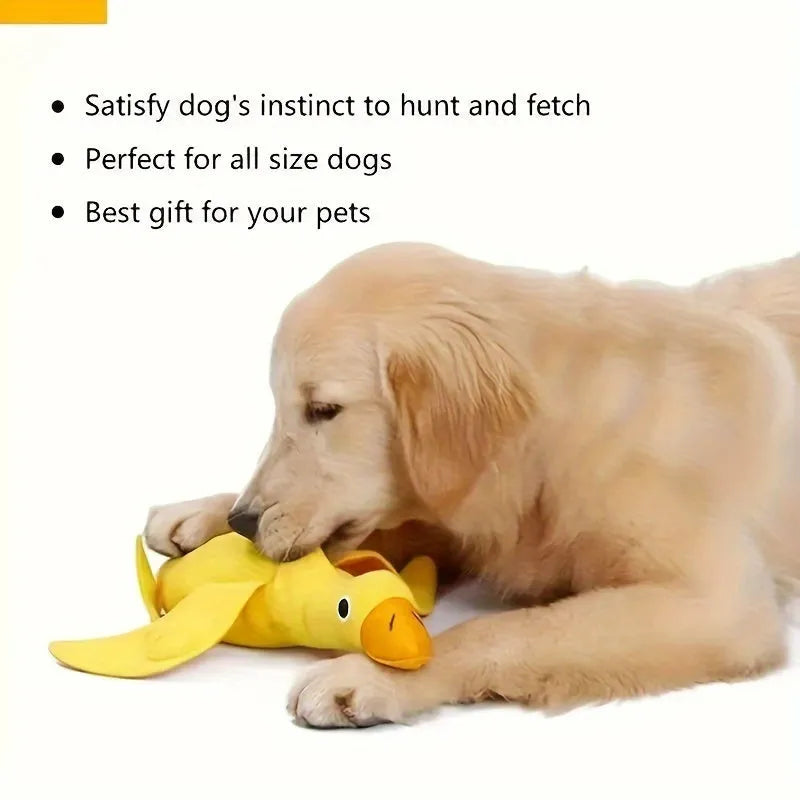 Yellow teddy dog toy with duck doll attachment for training with sounds and food leaks