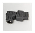 White RJ45 three-way network cable splitter adapter with one input and two output ports.