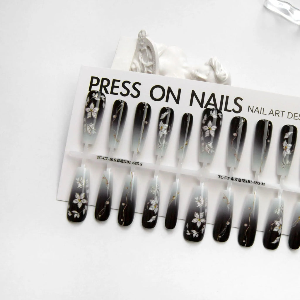 Retro Chinese style flower press-on false nails long ladder shape ultra-thin seamless 40 pieces