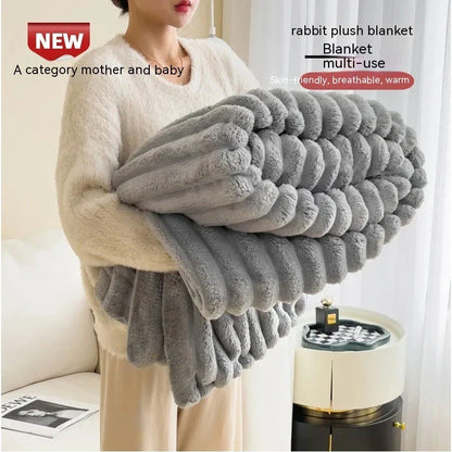 Soft, plush rabbit fur throw blanket in a variety of colors and sizes for cozy comfort at home or on the go.