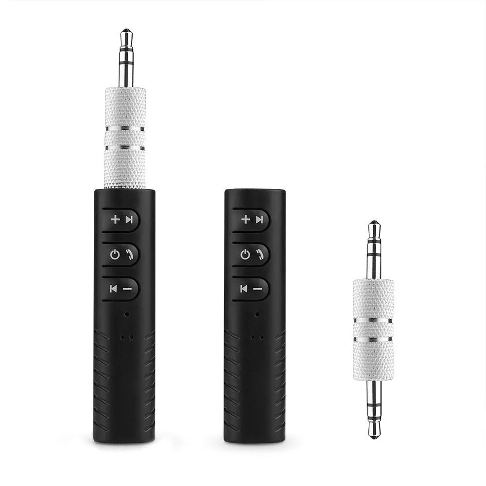 Black Bluetooth car audio receiver with 3.5mm adapter for wireless music streaming in vehicles