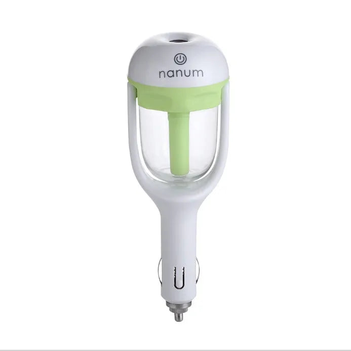 Compact portable car humidifier and air freshener unit with 180-degree rotating mist nozzle.