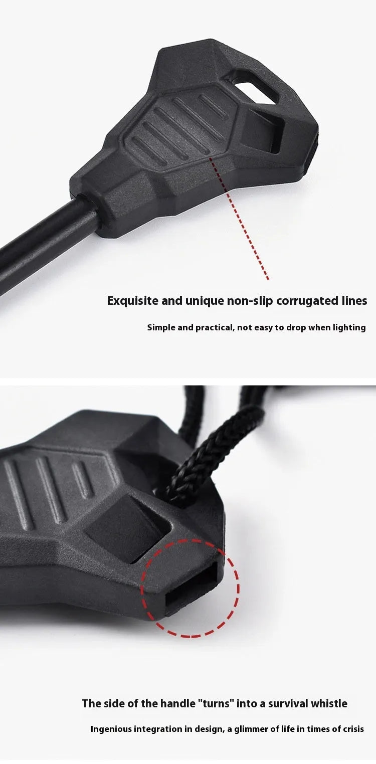 Black outdoor multifunctional flint tool with magnesium rod, steel scraper, whistle, and bottle opener.