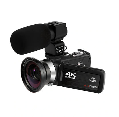 Black 3.0 inch touch screen 4K digital video camera with WiFi, remote, and 18x zoom lens