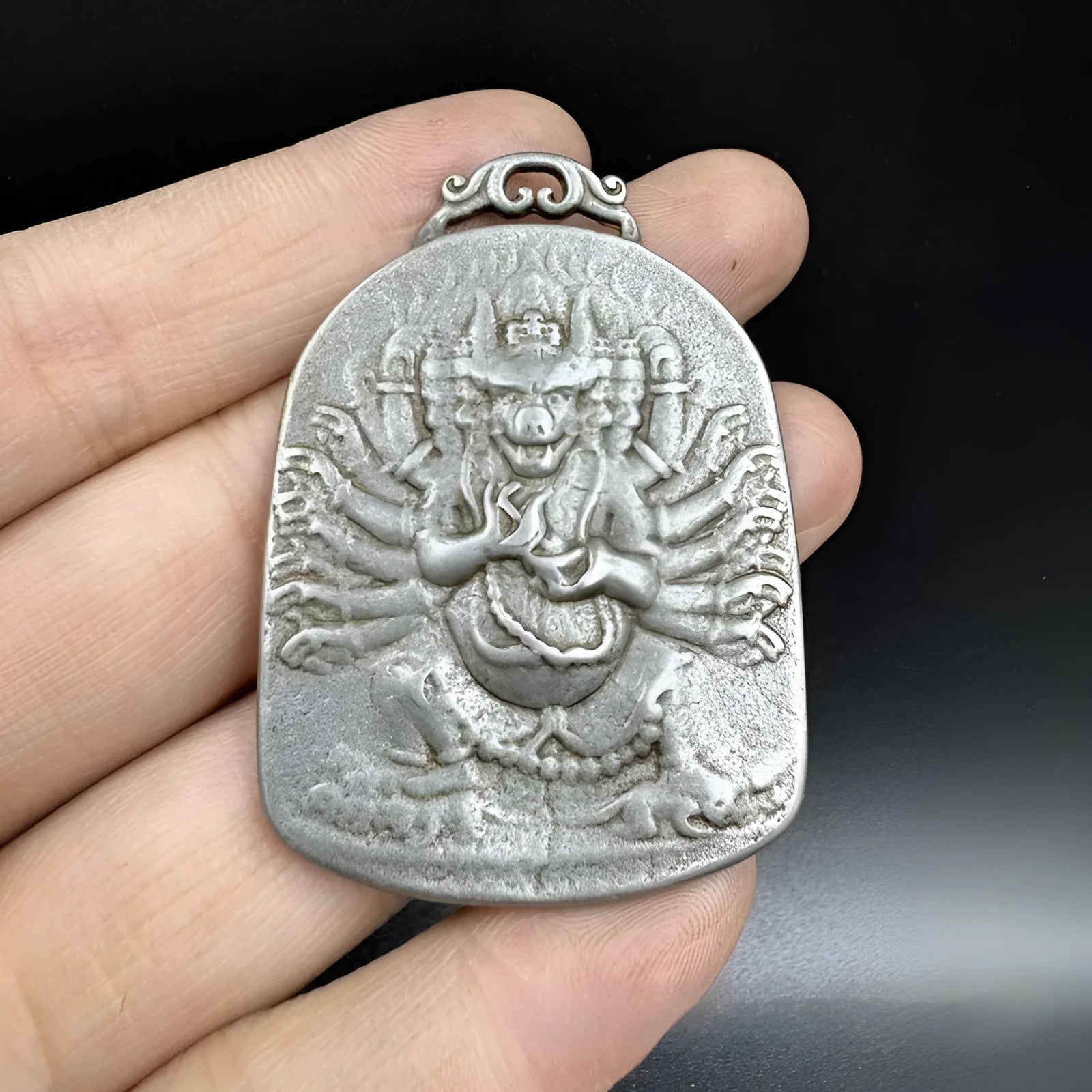 Hand-crafted iron pendant with Chinese geometric design in No 1 Aryaacalanatha Yamantaka colour.