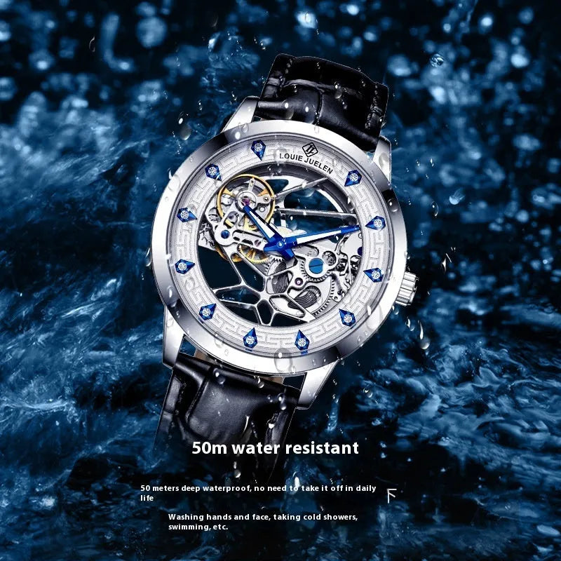 Men's silver mechanical watch with white dial, blue luminous hands, and a black leather strap