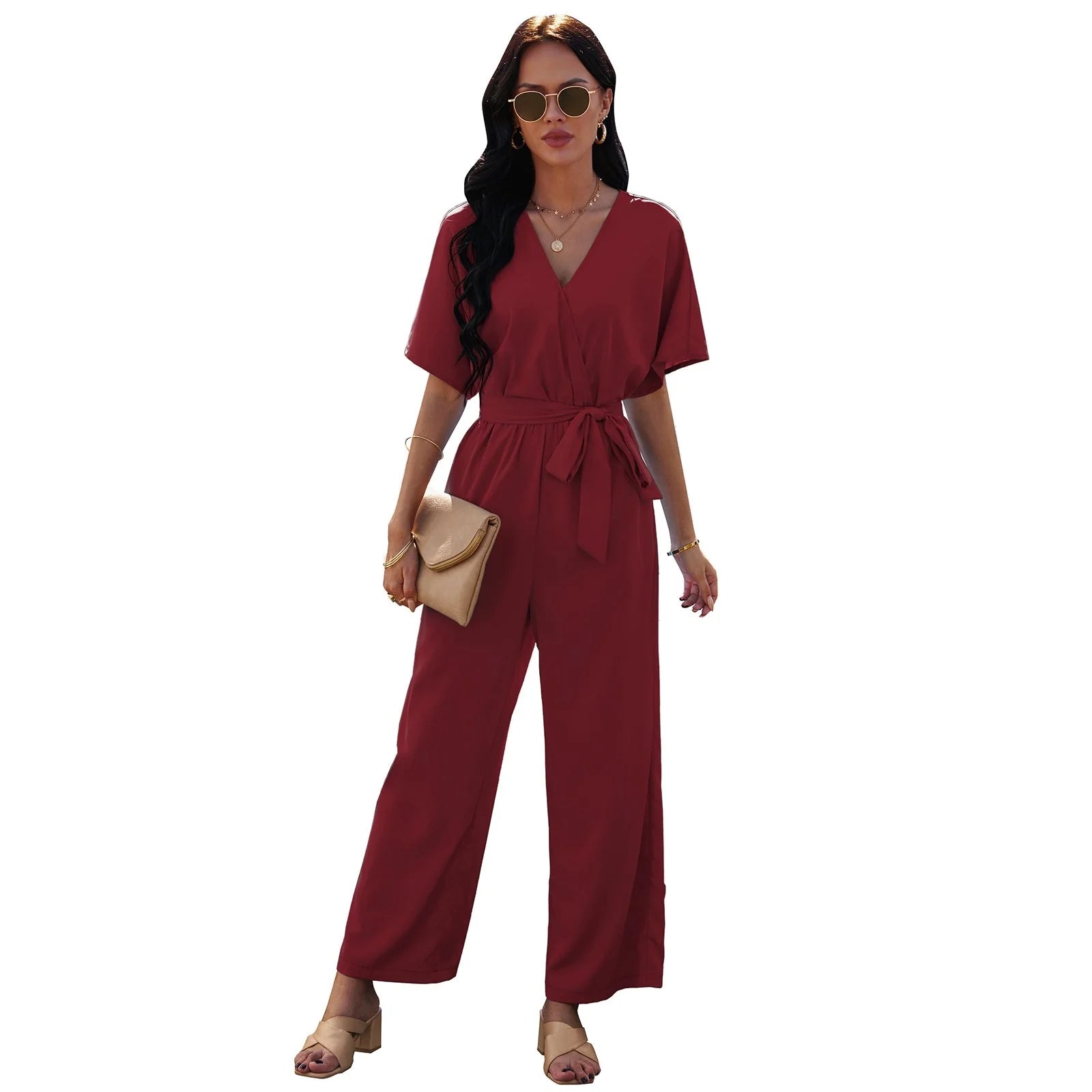 Women's V-neck tie waist jumpsuit in black, dark red, and sky blue