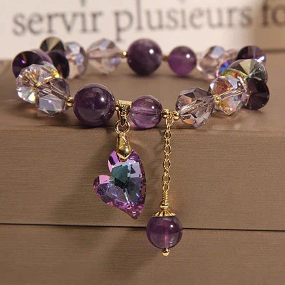 Natural amethyst heart-shaped pendant bracelet in antique style with geometric design