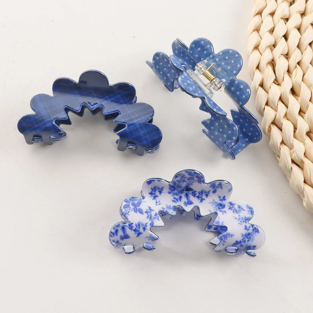New Wave Grip Blue Series PVC barrette women's natural asymmetric back head hair clip in plaids pattern
