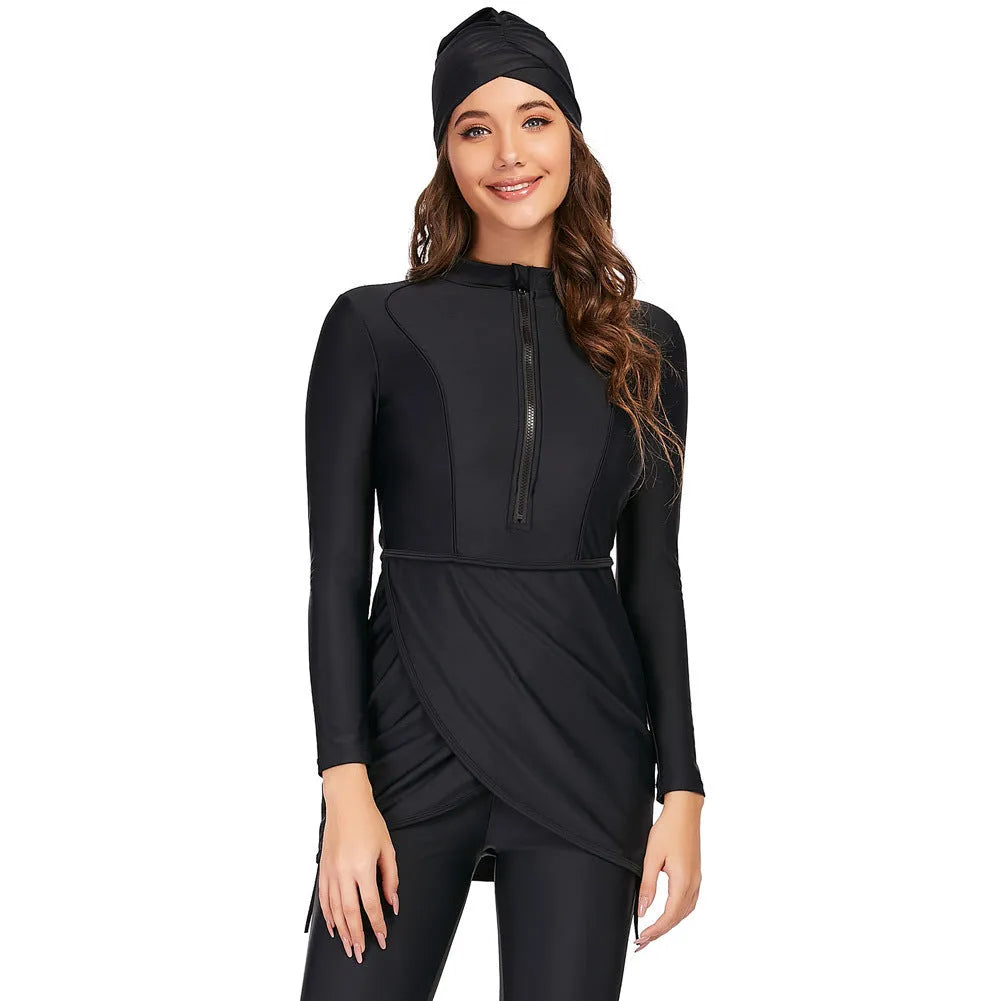 Black conservative ladies swimsuit with full coverage design and quick-dry fabric