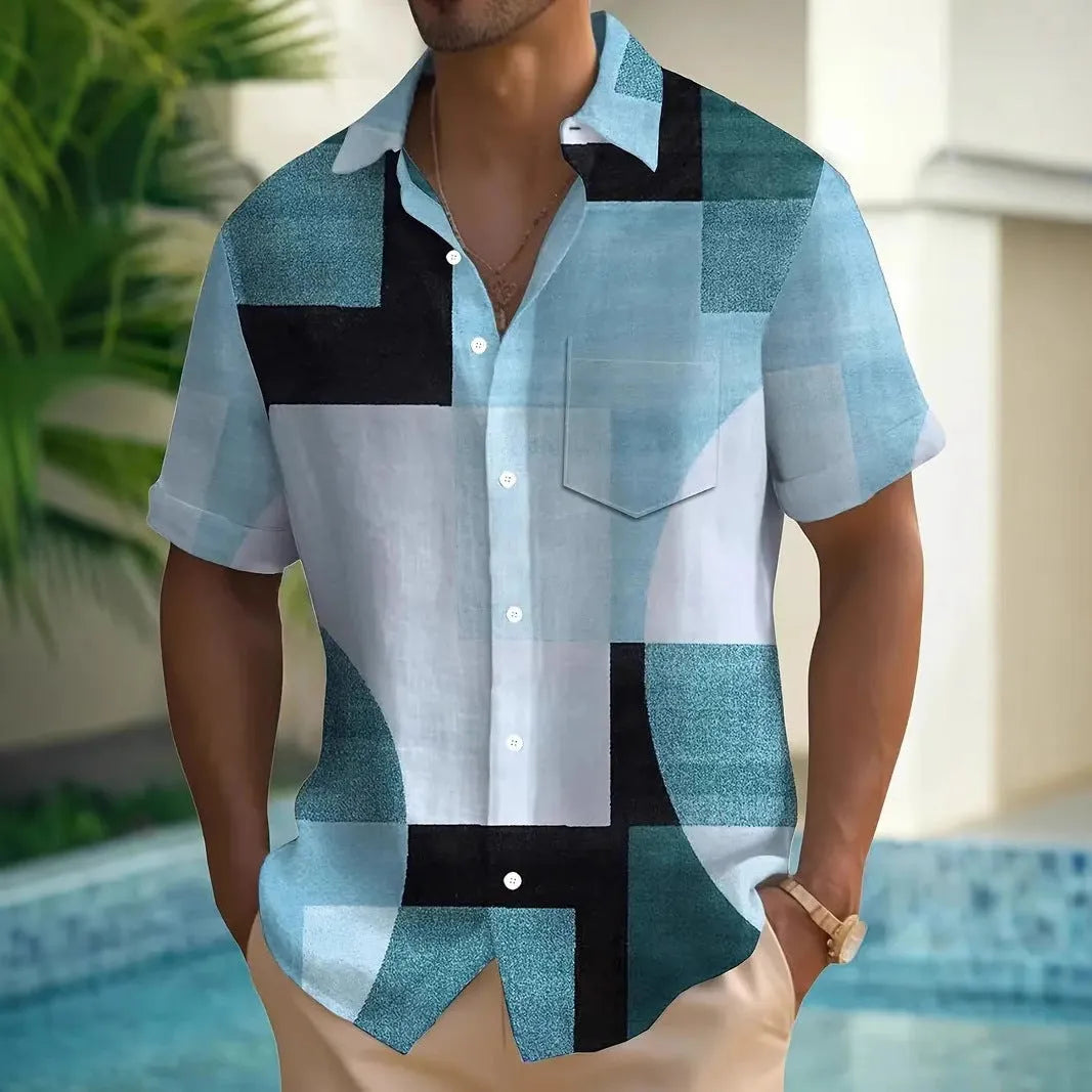 Men's retro geometric contrast colour square 3D printed short sleeve cardigan shirt