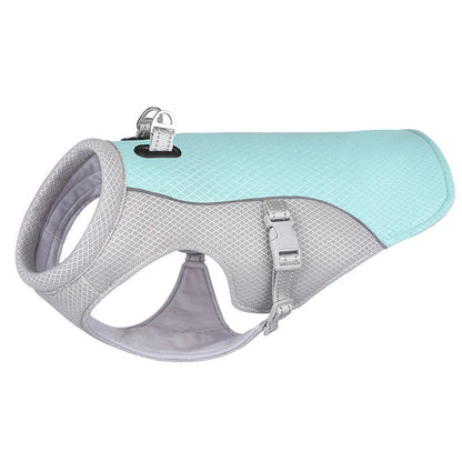 Breathable dog cooling vest in various colors and sizes, designed to keep pets cool and comfortable during outdoor summer activities