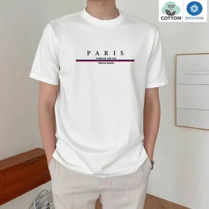 Man modelling a loose-fit, short-sleeved, letter-print T-shirt in pure cotton, shown in apricot colour.