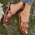 Women's round toe flat sandals in light brown with PU upper and rubber sole