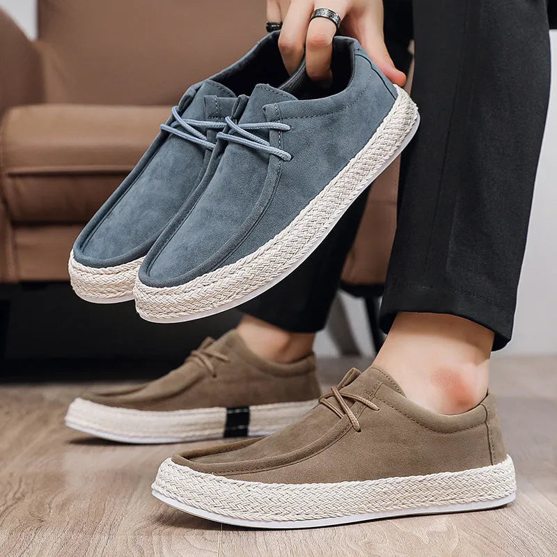 Men's casual pumps in khaki, low-top handmade cloth shoes with flat heel and round toe