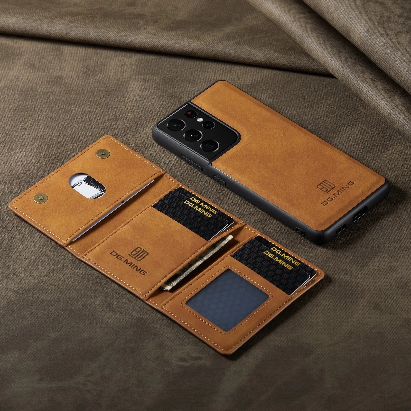 Magnetic card wallet phone case for Samsung in black with PU split leather pattern