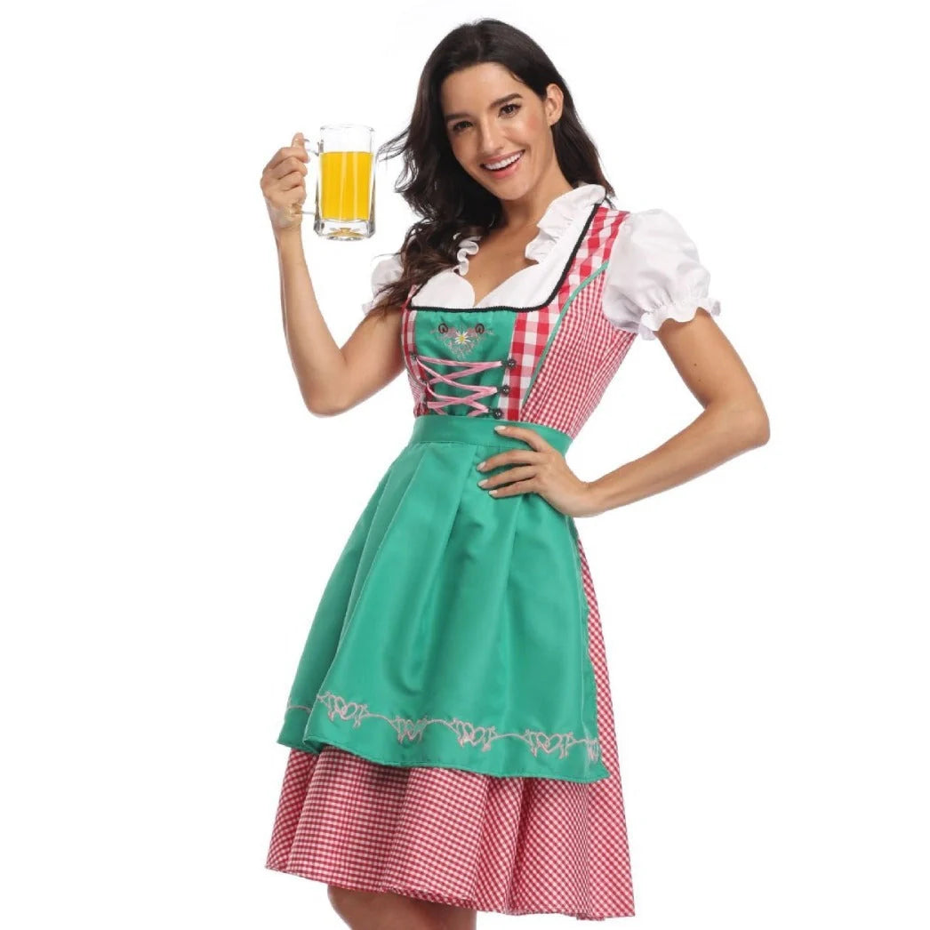Women's Oktoberfest ethnic dress in red denim with apron and ribbon, sizes S to XXL