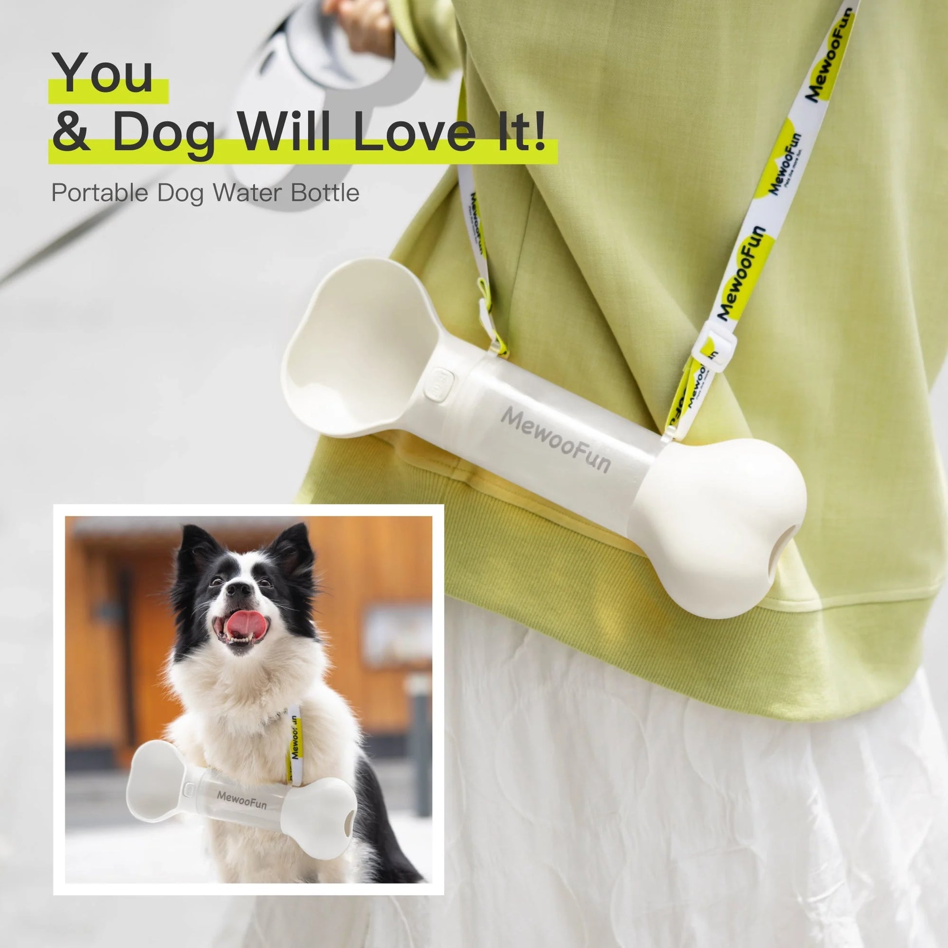 Mewoofun 2-in-1 leak-proof pet water bottle with bone-shaped design and poop bag storage