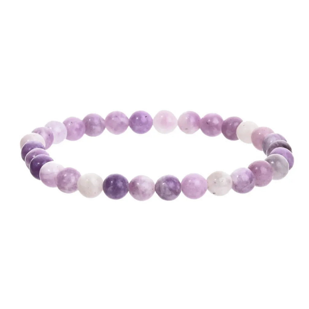 Purple handmade natural stone bead bracelet with geometric shape and elastic cord.
