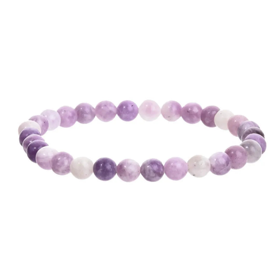 Purple handmade natural stone bead bracelet with geometric shape and elastic cord.