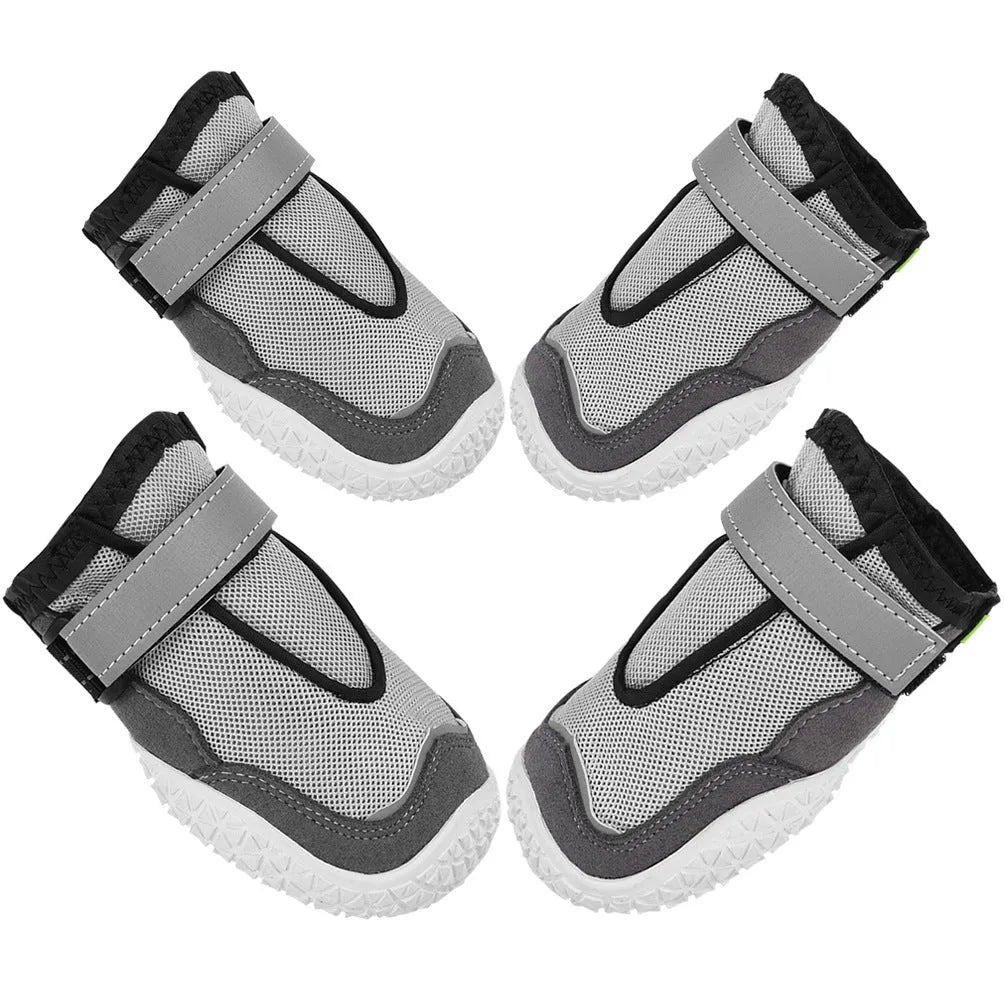 Grey wear-resistant breathable pet shoes for big dogs with reflective tape and rubber outsole