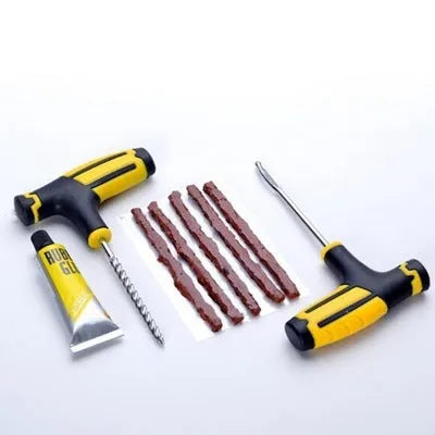 Vacuum tire repair tool kit with probe, rubber strips, glue and pin for auto and motorcycle tires