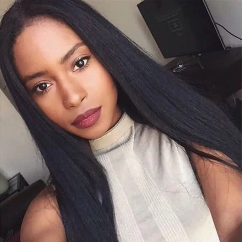 Long straight synthetic wig with centre-parted bangs in black high-temperature fibre material for women