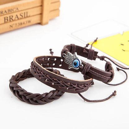 Adjustable cowhide leather men's bracelet with alloy details and PU braid