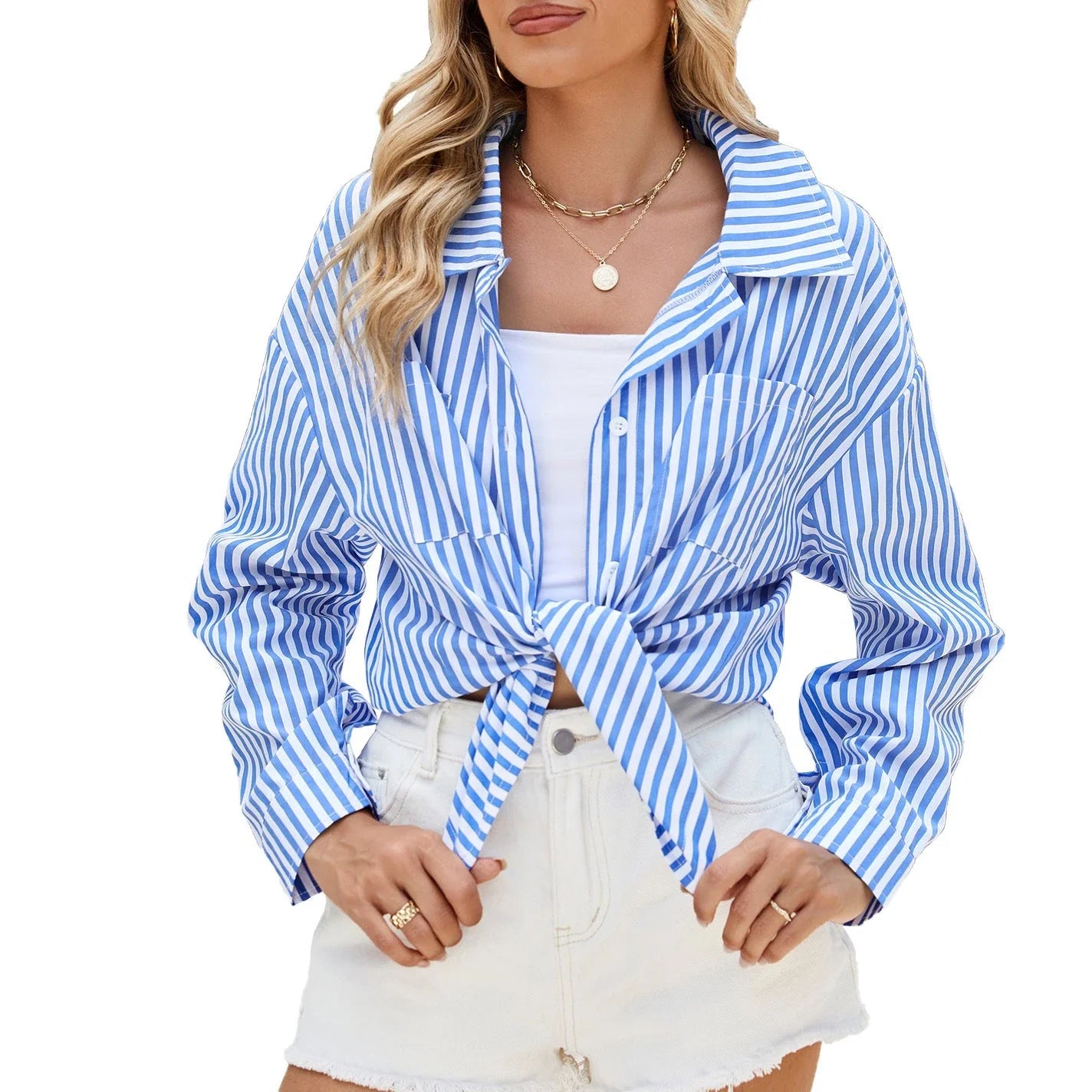 Stylish striped shirt with pockets, featuring a comfortable loose fit and unique collage design for fashion-forward casual wear.