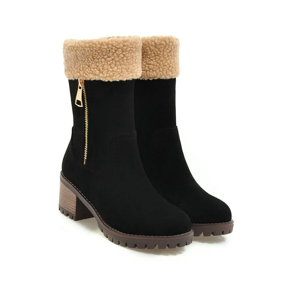 Ankle-high snow boots with plush lining and rubber insole in black, grey, green, and orange colours.