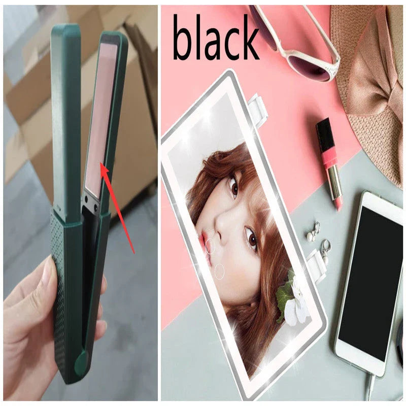 Cordless USB hair straightener in pink and green with ceramic heating technology