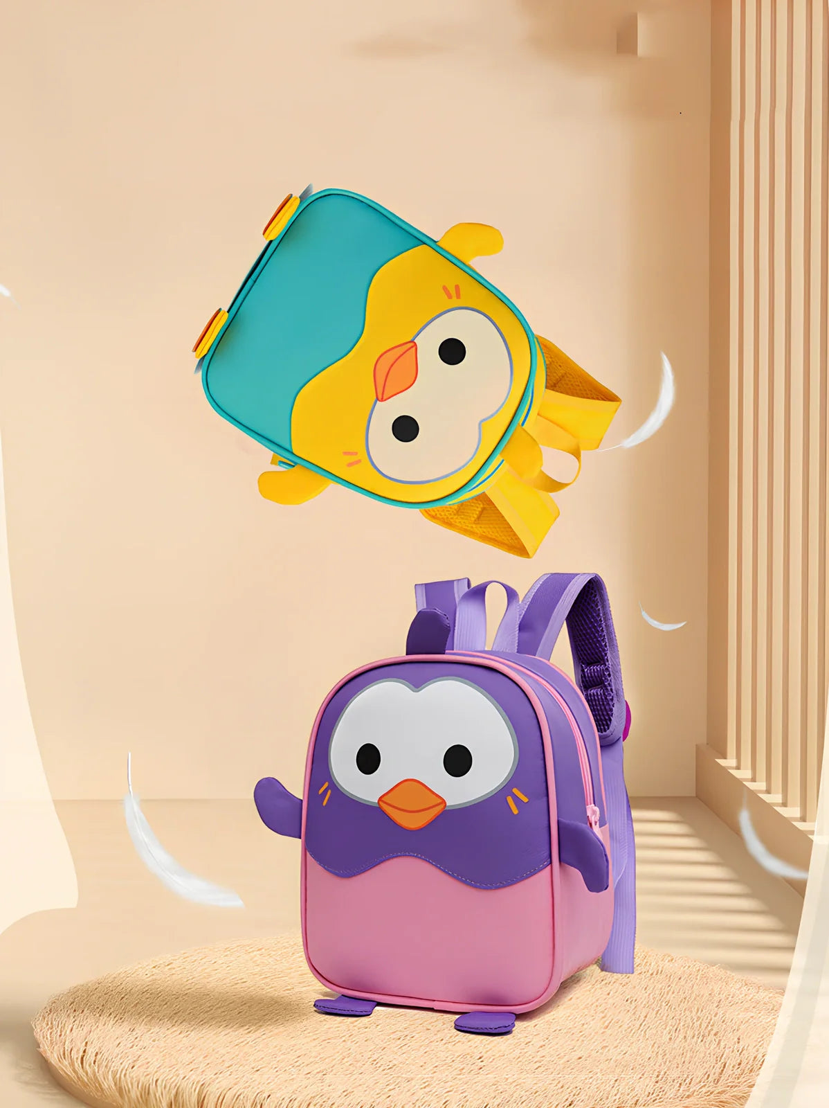 Yellow penguin design on small children's polyester backpack with zipper pocket, capacity under 20L