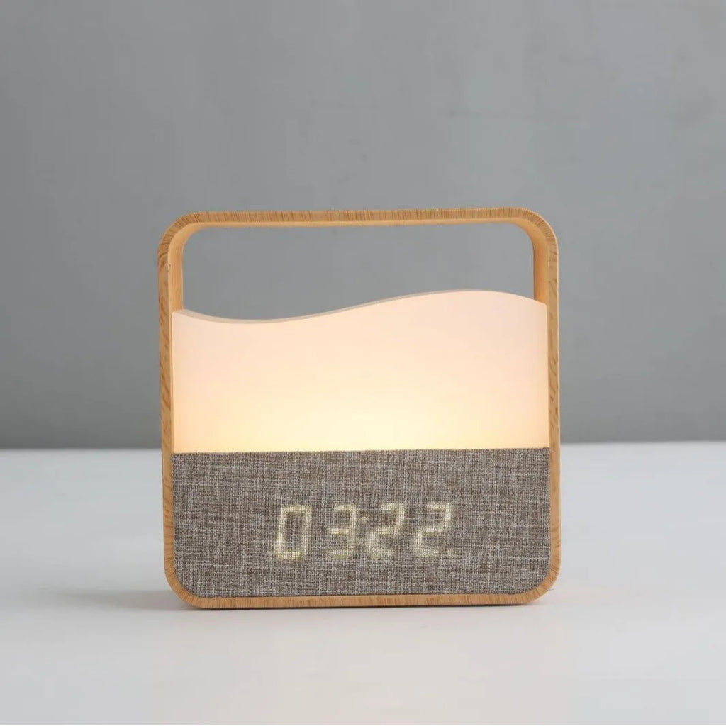 Wood grain remote control night lamp with warm white LED, 109x107x36mm, battery operated