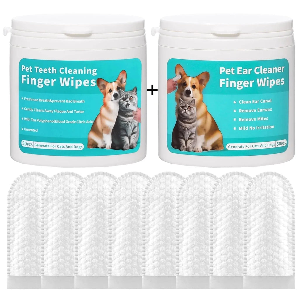 Box of disposable pet cleaning wipes for dog and cat ear care and tooth cleaning, showing 50 ear wipes and 50 tooth wipes