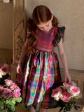 Summer girls' retro plaid sleeveless cotton dress in coffee plaid, available in sizes 90cm to 140cm