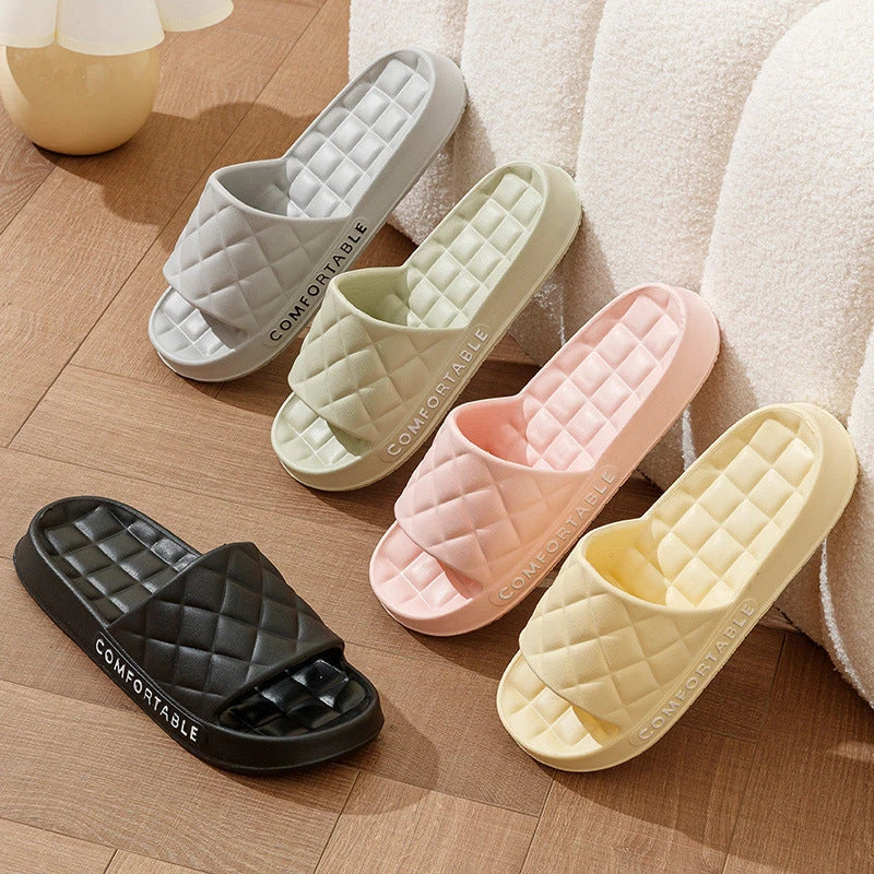 Stylish plaid-patterned house slippers in various colors for men and women, featuring soft EVA soles and a water-resistant design for indoor and light outdoor use.