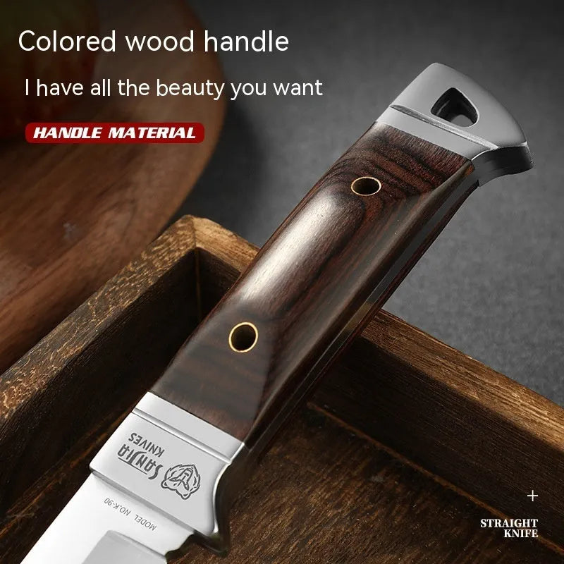 Camping multifunctional portable fruit knife with stainless steel blade and brown leather case.