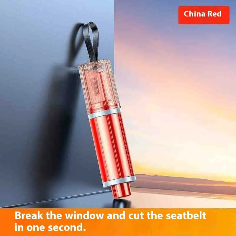 Black and red car safety life hammer with tungsten steel window breaker tip and seatbelt cutter