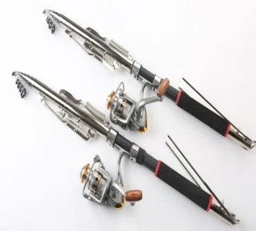 Automatic fishing rod set with spring mechanism in three lengths for instant hook-setting when fish bite bait