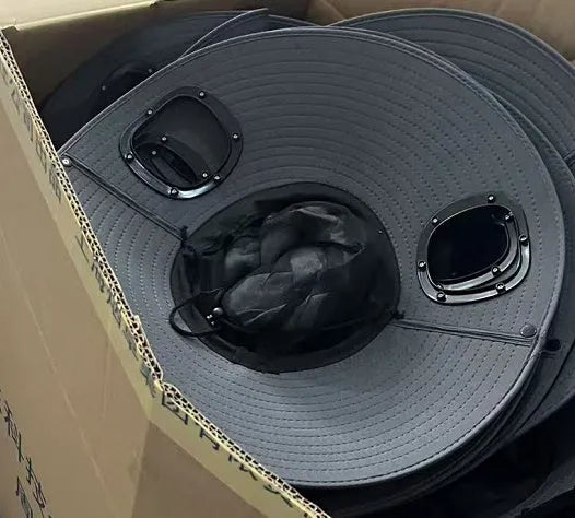 Men's grey solar powered cooling fan cap with large front eave and integrated fan unit