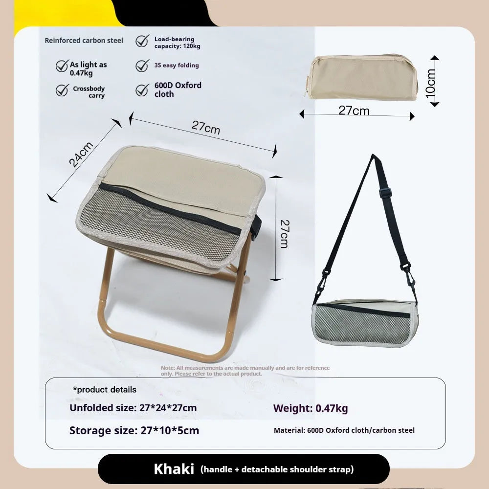Lightweight foldable camp chair stool in oxford cloth shown in khaki colour, folded compactly.